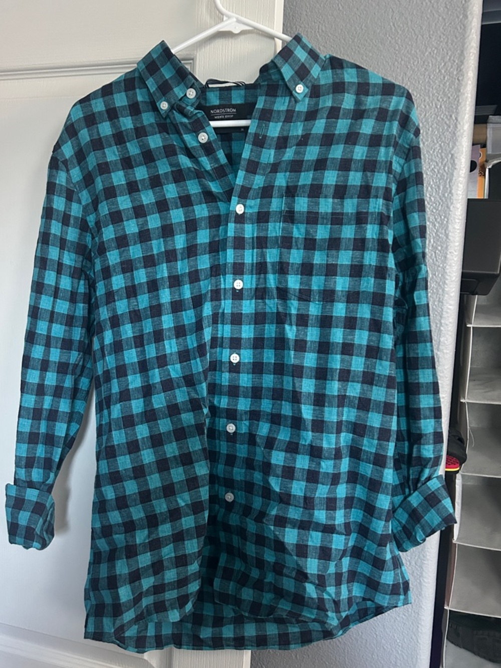Nordstrom Men’s Teal and Black Check Button-Down Shirt